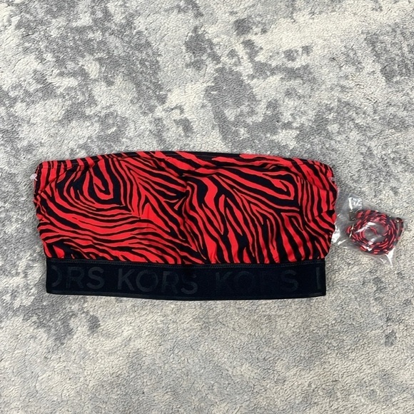 New MICHAEL Michael Kors Zebra Zip Back Bandeau Swim Bikini Top Red Black XS - Picture 6 of 11
